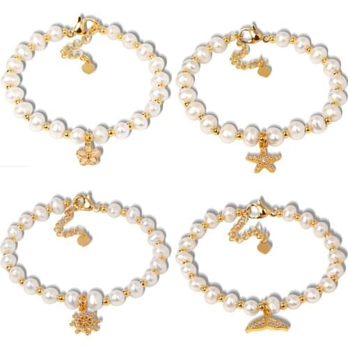 Star Fish Pendant Bracelets Women Natural 6-7 MM White Freshwater Pearls Beads Bracelet Handmade Gold Small Spacer Beads Charm