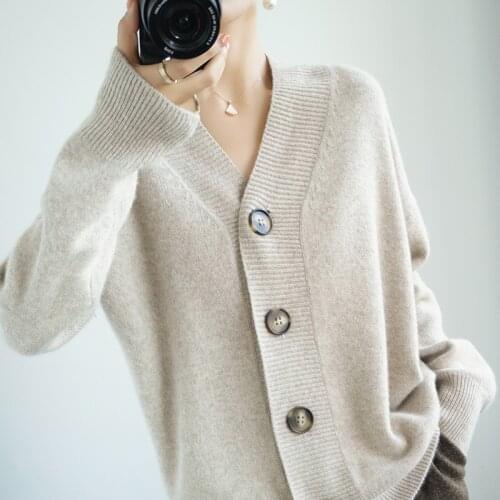 Womens Cardigan Knitted Sweater Autumn Winter Long Sleeve V-Neck Cashmere Cardigans Casual Loose Plus Size 100%Wool Female Coat