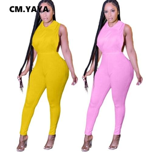 CM.YAYA 2021 Summer Women Jumpsuit O-Neck Bandage Elastic Rompers Sleeveless Fashion Sexy Backless One Piece Outfit Overalls