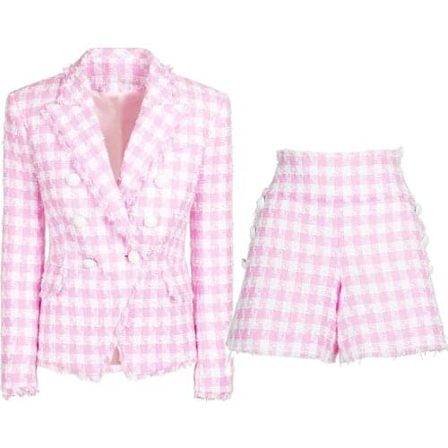 Shorts Blazer Suits Women Pink Houndstooth Woolen Plaid Jacket 2021 Autumn Winter Double Breasted White Button Two Piece Sets