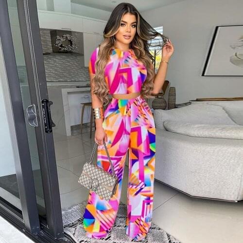 Summer Loose Printing Two-piece Suit for Women Round Neck Short Sleeve Crop Top+long Wide Leg Pants Female Streetwear Outfits