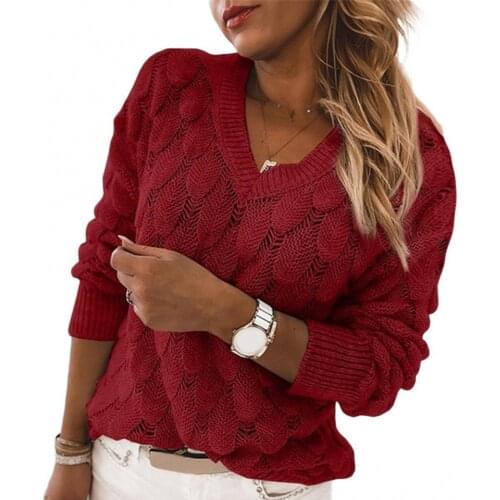 70% Dropshipping!Knitted womens sweater autumn and winter hollow feather long-sleeved V-neck pullover autumn and winter style