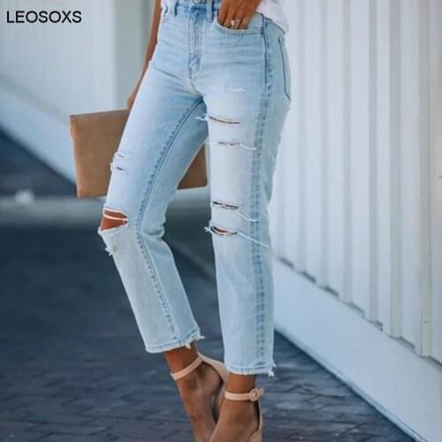 2021 Summer New Womens Jeans No Elasticity Slim Hole Washed Long Jeans Harajuku Light Blue Straight-leg Pants
