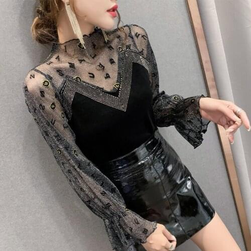 #5615 Velour Spliced Mesh Basic T Shirt Women Black Long Sleeve T Shirt For Women Slim Elastic Sexy Shinny Top Female Diamonds