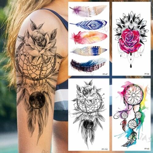 Large Dream Catcher Feather Rose Temporary Tattoos For Women Girls Rose Waterproof Fake Tattoo Sticker Arm Back Tatoos Show