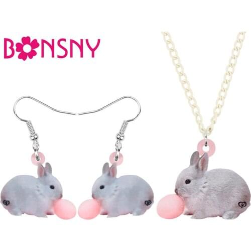 Bonsny Acrylic White Hare Rabbit Bunny Balloon Jewelry Sets Lovely Animal Necklace Earrings For Women Lady Fashion Charm Gift