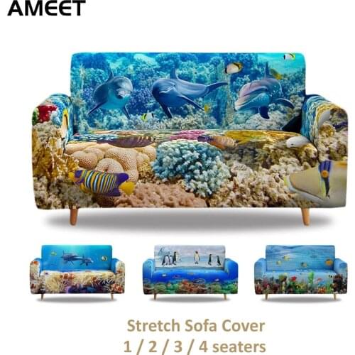 Sofa Covers For Living Room 3D Ocean Cartoon Style Elastic Couch Cover L Shape Protector Universal Magic Slipcover 1 2 3 4 Seat