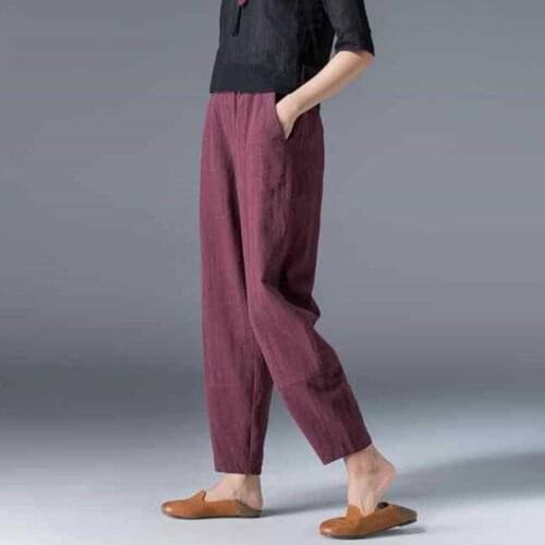 Casual Harem Pants Elastic Waist Pocket Cotton Linen Vintage Pants Ladies Trousers Spring Summer Women Pants Plus Size Loose
