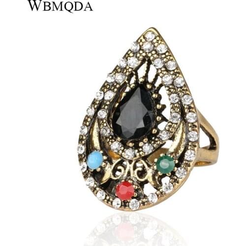 Retro Indian Ring Jewelry Plated Ancient Bronze Mosaic Rhinestone Hollow Out Carved Geometric Vintage Statement Womens Ring