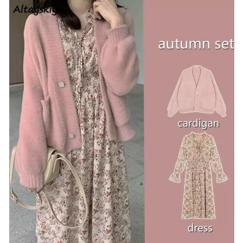Sets Women Elegant Soft Lovely Fall Chic Korean Ladies Knitted Outwear Fashion Floral V-neck Vintage Femme Dress Holiday Outfits