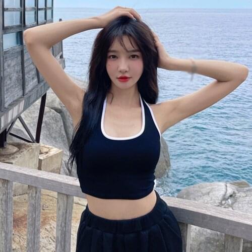 Summer Women Halter Vest Neck U-neck Suspender Solid Color Sexy Slim Female Lace-up Patchwork Sling