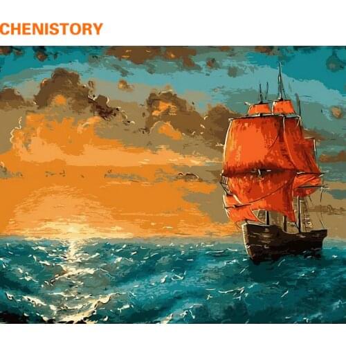 CHENISTORY Sunrise Sea Boat DIY Painting By Numbers Kit Paint On Canvas Painting Calligraphy Landscape Drop Shipping Home Decor