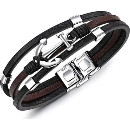 Stainless Steel Leather Anchor Brown Color Multilayer Ship Anchor Bracelet Bangle Mens Birthday Gift