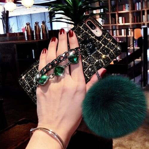 Luxury Hand Chain Fox Fur Ball diamond glitter Case for iphone 7 8 6 Plus X XR XS MAX 12 11 Pro Cover for Samsung S9 S10 note 10