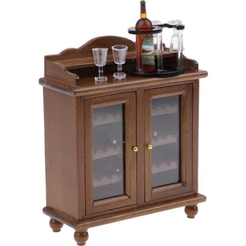 Handcrafts 1/12 Miniature Wood Wine Cabinet & Wine Rack & Wine Glass Set Dollhouse Decor White Color