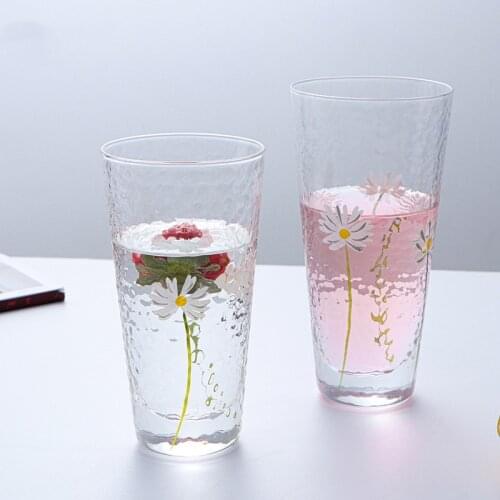 Hand-painted Daisy Glass Cup Nordic Style Breakfast Milk Juice Glass Heat Resistant Transparent Water Cup Straw For Home OffIce
