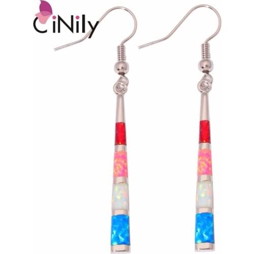 CiNily Created Orange Pink White Blue Fire Opal Silver Plated Wholesale Fashion for Women Jewelry Dangle Earrings 1 7/8" OH3427