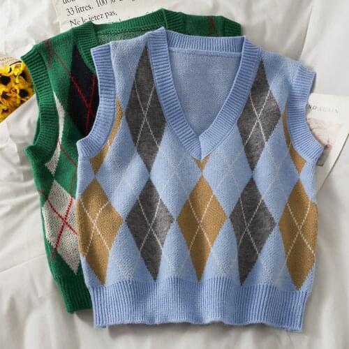 Korean Plaid Sleeveless V-neck Pullovers Sweater Vest for Womens Autumn 2021 Retro Fashion Crop Tops Streetwear