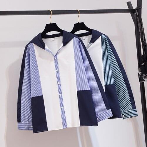 Hooded Stitch Striped Long Sleeved Plus Size Korean Autumn Elegant Fashion Blouses And Tops WomenS Oversize Shirt Clothing 2021
