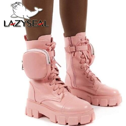 LazySeal Plus Size 43 Chunky Boots Fashion Pocket Platform Boots Women Lace Up Female Pouch Ankle Boots Women Botas Mujer