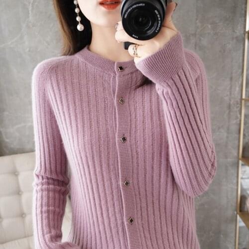 100% Pure Wool Cashmere Sweater Woman O-neck Cardigan Korean Fashion Casual Knitting Blouse Female Jacket Autumn and Winter Warm