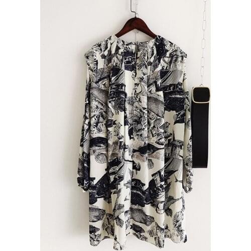 Summer Vintage Women 2021 Runway Fashion Loose Style Fish Flower Print With Belt Casula Holiday Mini Dress