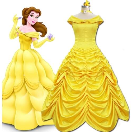 Cartoon Cosplay Women Halloween Princess Dress beauty and the beast Belle Dress Adult Princess Belle Dress Yellow Costume