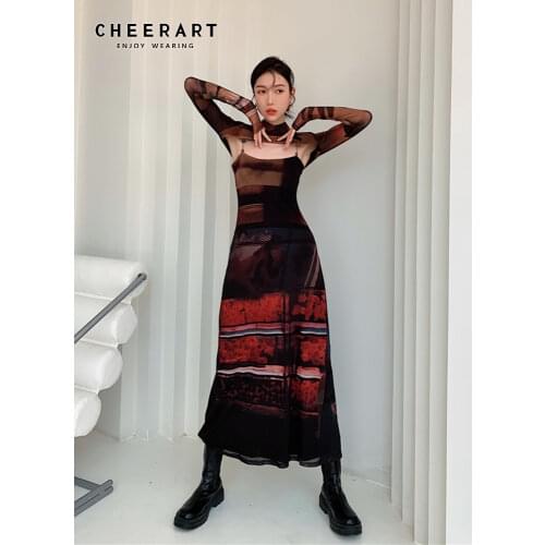 CHEERART 2 Piece Mesh Long Sleeve Punk Dress Women Turtleneck Long Midi Bodycon Ladies Dress Runway Fashion Designer Clothes