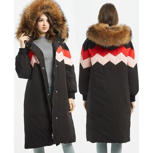 2020 winter womens clothing Leather natural raccoon fur collar Loose long White duck down thick warm Long coat park pike