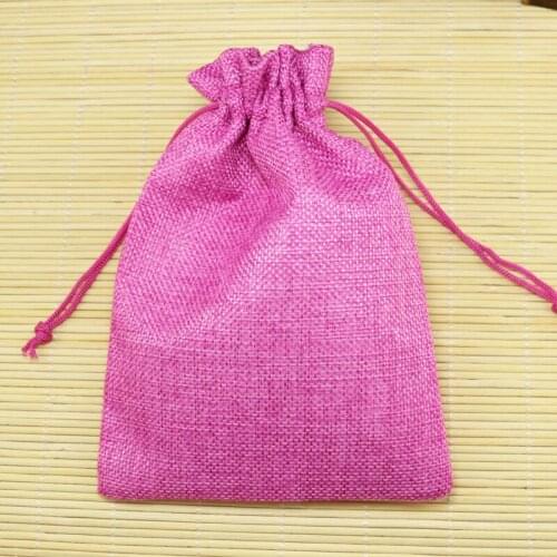 10*14cm 100pcs Plain hot pink linen jute bag necklace jewelry package bag small drawstring gift bag Wedding favors packaging bag