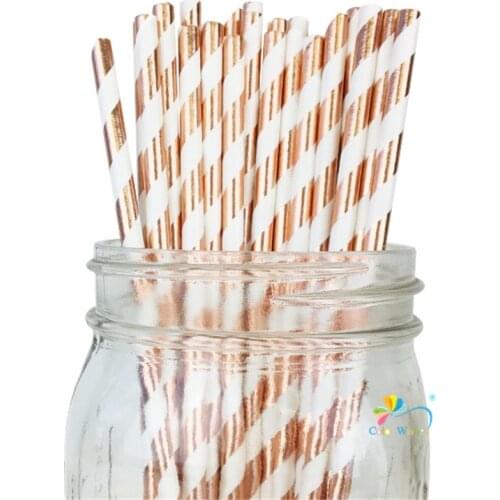 25pcs Solid Stripe Metallic Rose Gold Drinking Paper Straws Wedding Anniversary Festive Birthday Party Table Supplies