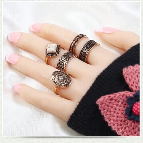 5Pcs/Set Bohemian Vintage Rings Set for Women Ethnic Round Rings Women Fashion Jewelry