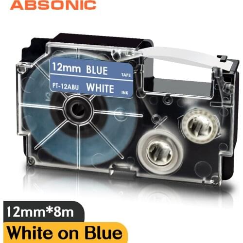 Absonic XR-12ABU White on Blue 12mm Compatible Label Tape for Casio KL60 KL100 KL120 KL750 KL780 KL820 KL7000 KL-7200 LabelMaker