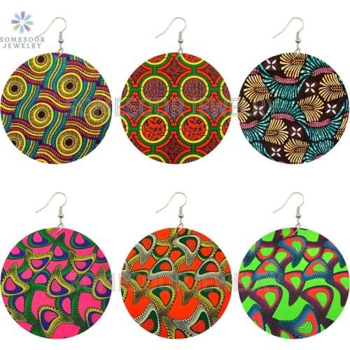 SOMESOOR Bohemian African Wooden Drop Earrings Cute Afro Ethnic Fabric Pattern Both Sides Printed Dangle Jewelry For Women Gifts