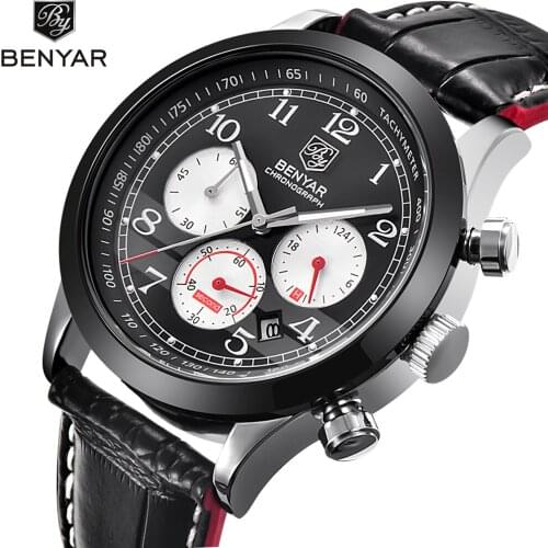 Top Brand Luxury BENYAR new Mens Watches Leather Casual Quartz Watch Men Military Sport Waterproof Clock Watch Relogio Masculino