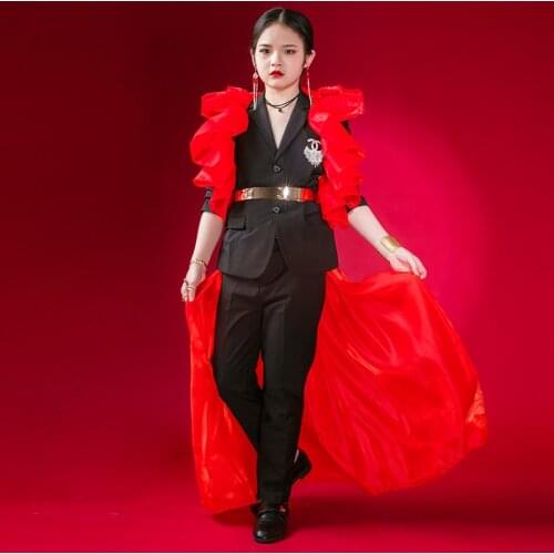 Black Suit Red Lotus Leaf Long Shoulder Drag Yarn Suit Girls Jazz Costume Kids Stage Catwalk Dress Party Celebration XS2579