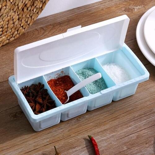 Four In One With Spoon Kitchen Organizer Storage Boxes Spices Seasoning Jar Transparent Sugar Salt Bottle Kitchen Accessories