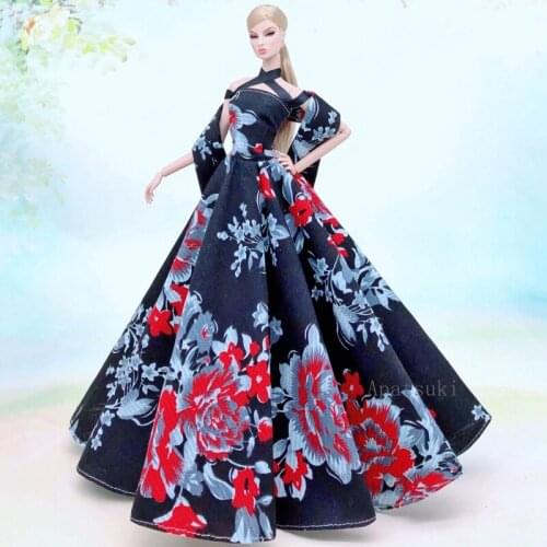 High Fashion Black Floral Long Wedding Dress for Barbie Dolls Clothes Sexy Evening Dress Party Gown Scarf 1/6 Doll Accessories