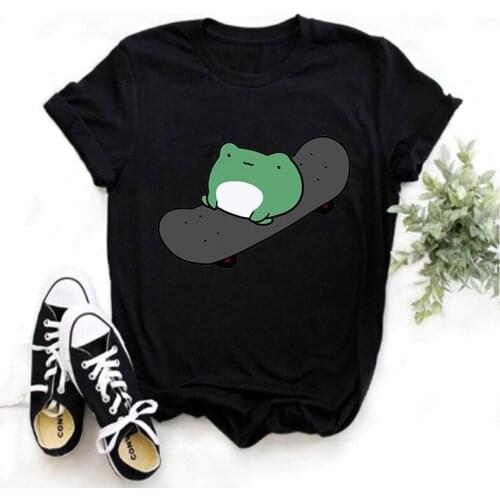 Skateboard Frog Print T-shirt Mens Womens Cotton Loose Oversized Funny T-shirt Korean Unisex