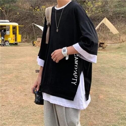 Oversized Men T Shirt Summer Cotton Clothing Fake Two Pieces Short Sleeve O Neck Korean Style Harajuku Hip Pop Streetwear Tops