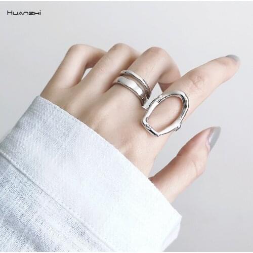 HUANZHI 2019 New Simple Metal Irregular Double Layer Wave Smooth Opening Adjustable Ring For Women Men Party Jewelry Gifts