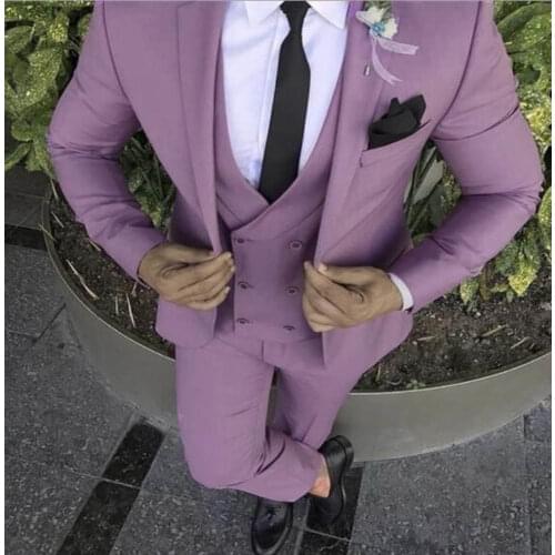 Mens Violet Suits With Double-breasted Vest 3 Pieces Slim Fit Formal Shawl Lapel Tuxedos Groomman For Party( Blazer+Vest+Pants )