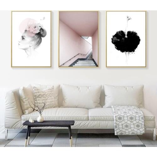 Creative Pink Staircase Building Character Ostrich Canvas Print Picture Wall Living Room Bedroom Nordic Home Decoration