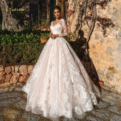 Loverxu Sexy Illusion Long Sleeve Lace A Line Wedding Dresses 2021 Luxury Appliques Court Train Button Vintage Bridal Gowns