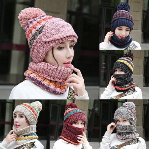 Fashion Women Winter Beanie Hat Scarf Face Mask Set Girls Knitted Cap Neck Warmer Headwear Outdoor Skiing Cap Neck Face Cover