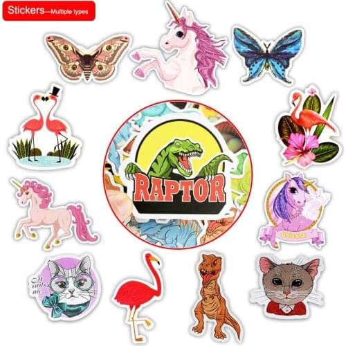 Cartoon Stickers 50pcs no repeated Cartoon animal Dinosaur Unicorn Flamingo Cat Insect Hip Pop style Repeatedly posted PVC