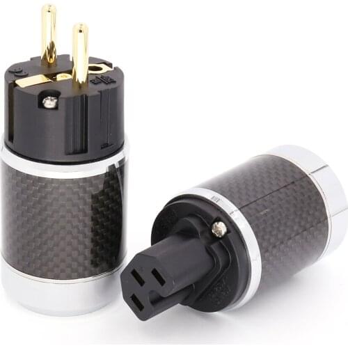 One pair style 24K Gold Plated EU Schuko & IEC AC Power Plug Carbon Fiber Connector