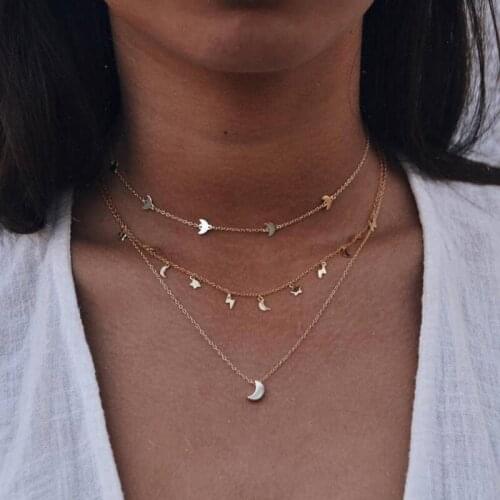 3 Pcs/Set Fashion Women Necklace Lightning Moon Star Pendant Multilayer Gold Necklace Set Female Birthday Gift Jewelry