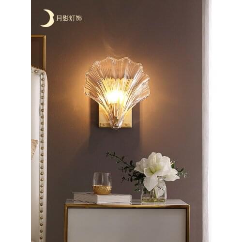 All copper light luxury crystal wall lamp simple post-modern bedroom bedside shell lamp creative living room lamp
