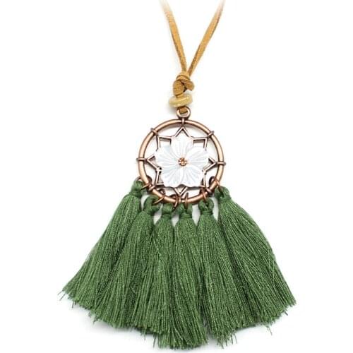 Hollow Cherry Inlaid Rhinestone Tassel Pendant Necklace Long Faux Leather Sweater Chain Female Boho Accessories